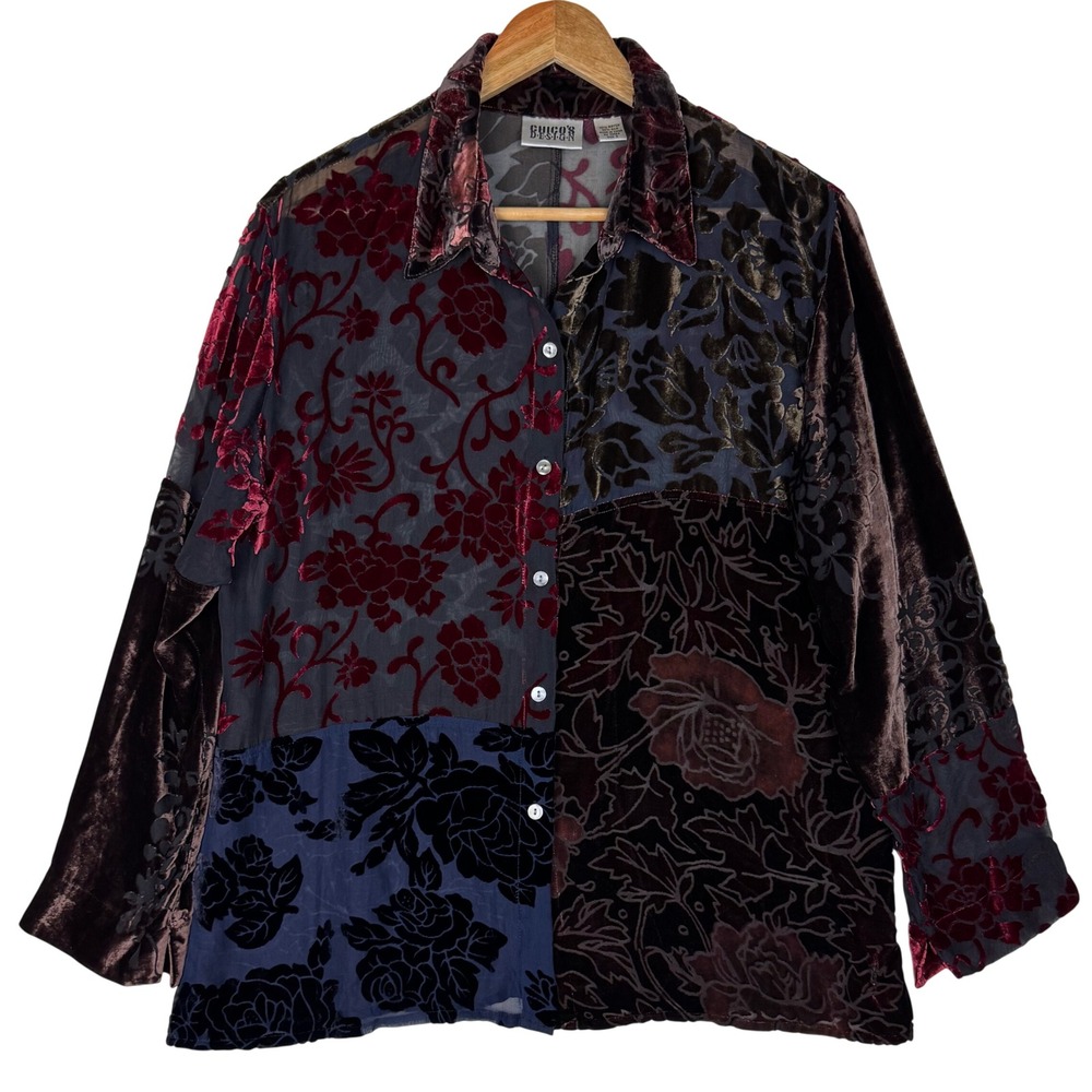 Chico's Design Velvet Burnout Patchwork Silk Blend Floral Top Women 2 Whimsigoth